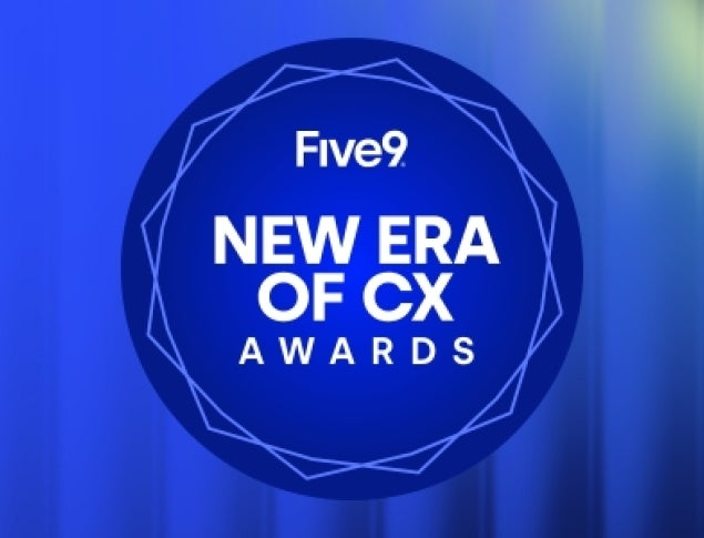 Blue gradient background with a circular logo featuring "Five9 New Era of CX Awards."