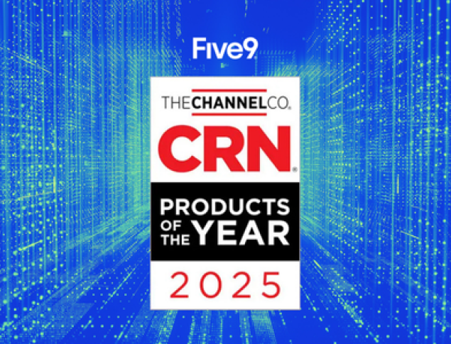 Five9 logo over a blue background with "CRN Products of the Year 2025" award text.
