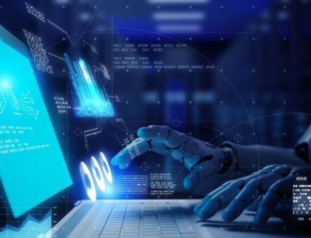 A robotic hand interacts with a glowing touchscreen interface in a dark, futuristic setting. Machine to machine interactions