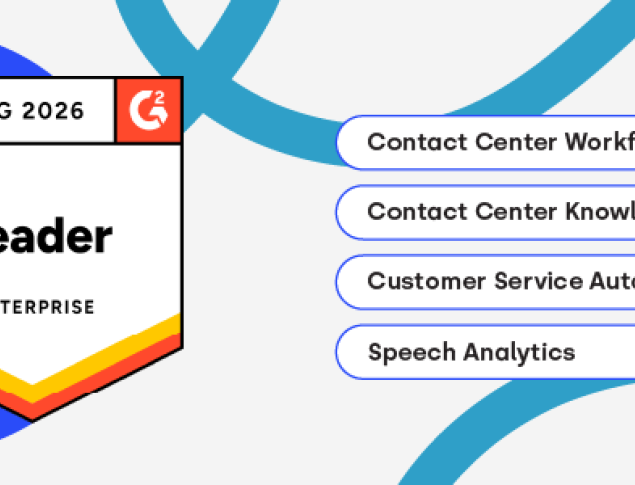 Award badge labeled "Leader" with categories for customer service tools and a blue background.