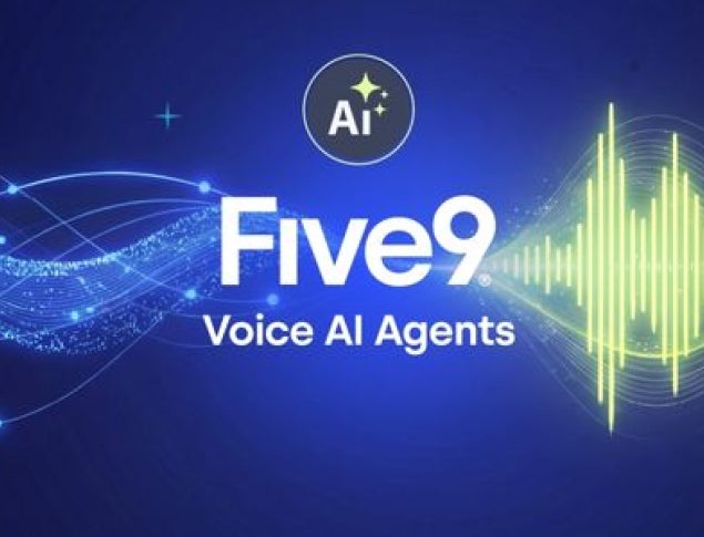 Five9 Voice AI Agents text over a visualization of human and ai interactions