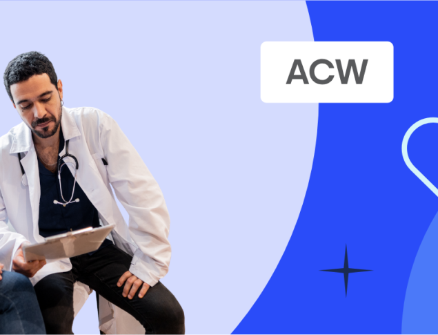 A patient meeting with a doctor on a blue background with iconography.
