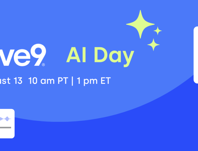 Graphic announcing Five9 AI Day on August 15 at 10 am PT / 1 pm ET, with decorative elements.