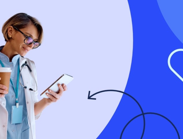 Woman healthcare nurse holding coffee and smiling at a cell phone on a blue background