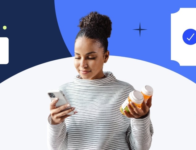 A woman holding two bottles and checking her phone, smiling in a modern graphic background.
